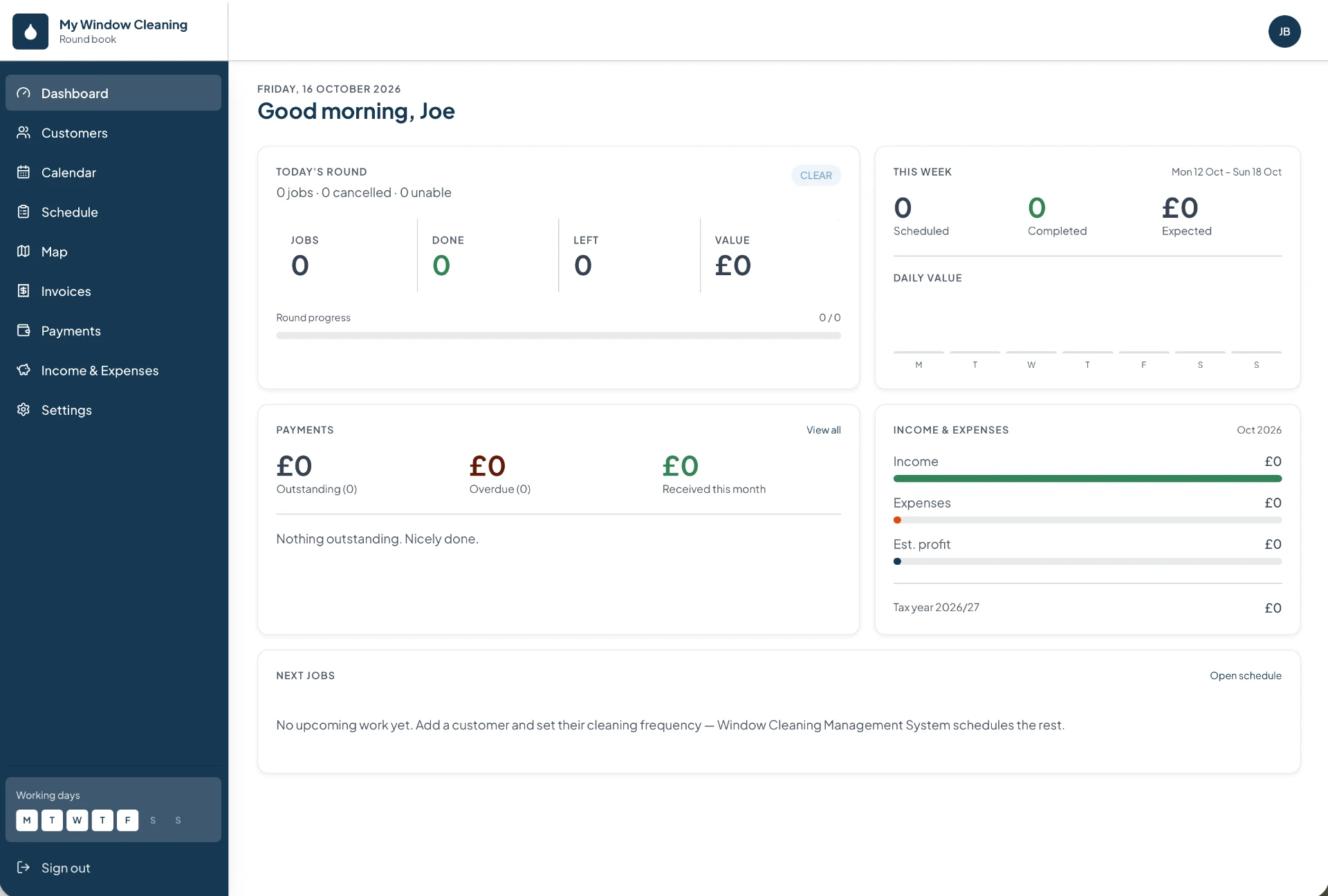 The Window Cleaning Management System dashboard showing today's round, payments and income